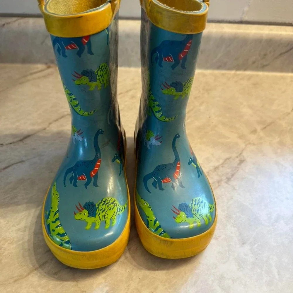 Kids Blue Yellow Dinosaur Print Rubber Rain Boots Waterproof Pull On Size 9